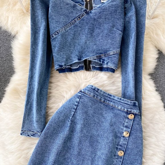 Denim Long Sleeve Top And High Waist Split Skirt Sets - Picture 5 of 6